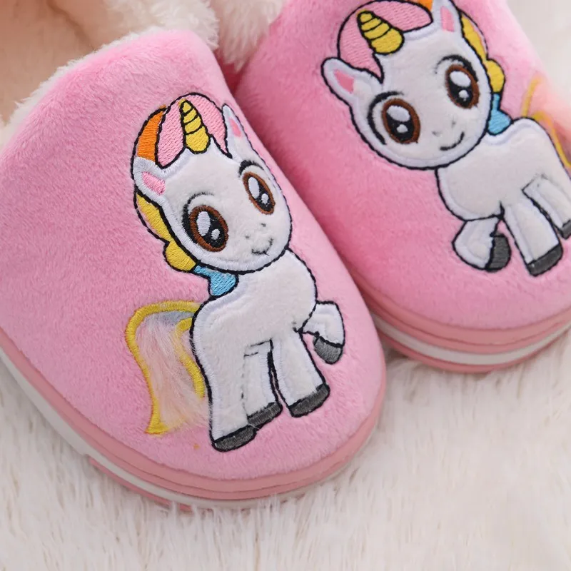 Cute Cartoon Unicorn Children Plush Slippers Soft Sole Non-slip Winter Warm Baby Boys Girls Indoor Home Heel Wrap Cotton Shoes