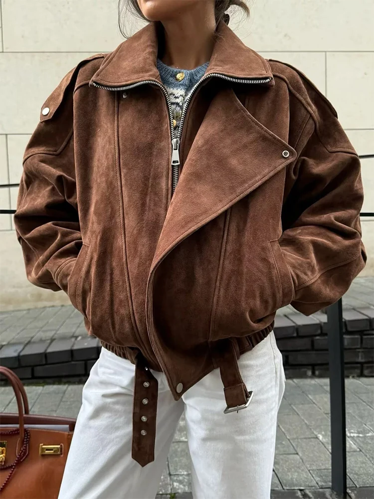 

Женская замшевая куртка 2025, новые модные куртки с длинными рукавами, свободное пальто на молнии, шикарная винтажная женская уличная повседневная верхняя одежда ﻿