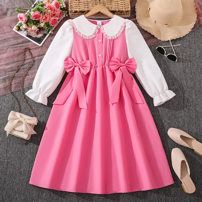 

Sweet Doll Collar Bubble Sleeve Dress for 8-12 Year Old Girls Spring Autumn Long-Skirted Bow Decorated Dress