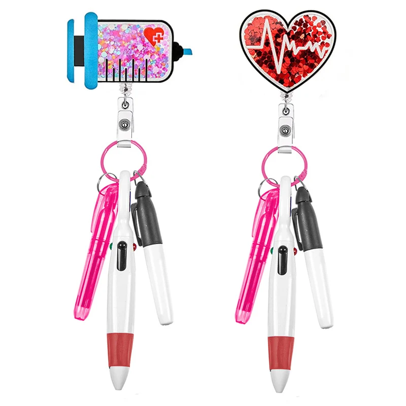 New 12 Colors Nurse Pen Set Quicksand Badge Reel Retractable ID Badge Holder With 360 Rotating Alligator Clip Name Holder