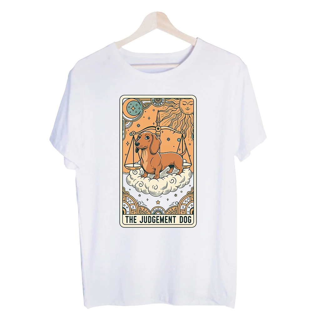 Unisex Dachshund Tarot Card Graphic Tee, Short Sleeve Crew Neck T-Shirt for Casual Daily Wear and Mystic Style Outfits