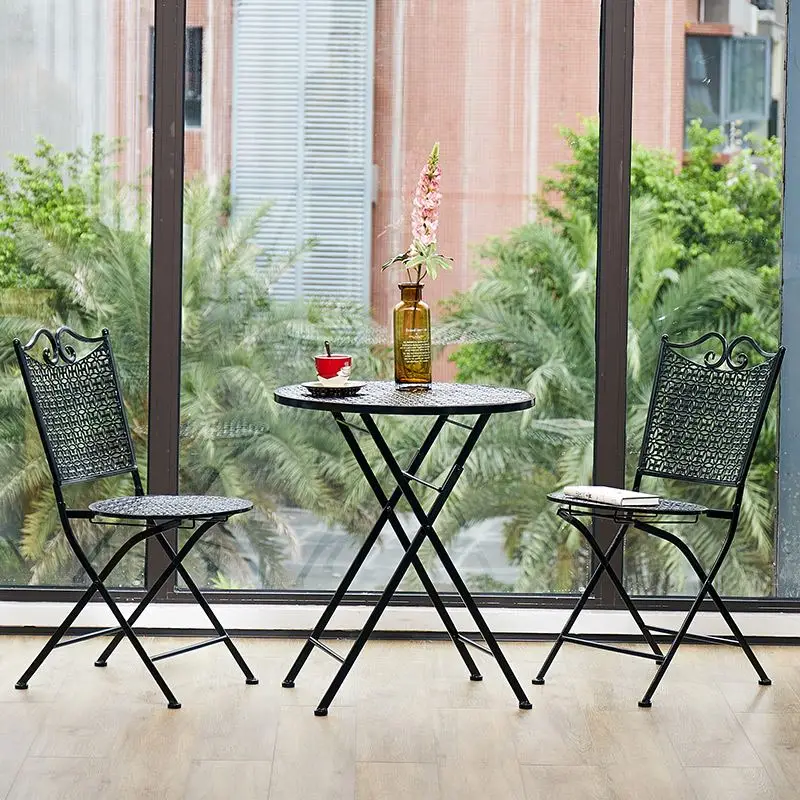 Balkon Besi Tempa Meja Lipat Santai dan Kursi Set Meja Furnitur Taman Tiga Bagian