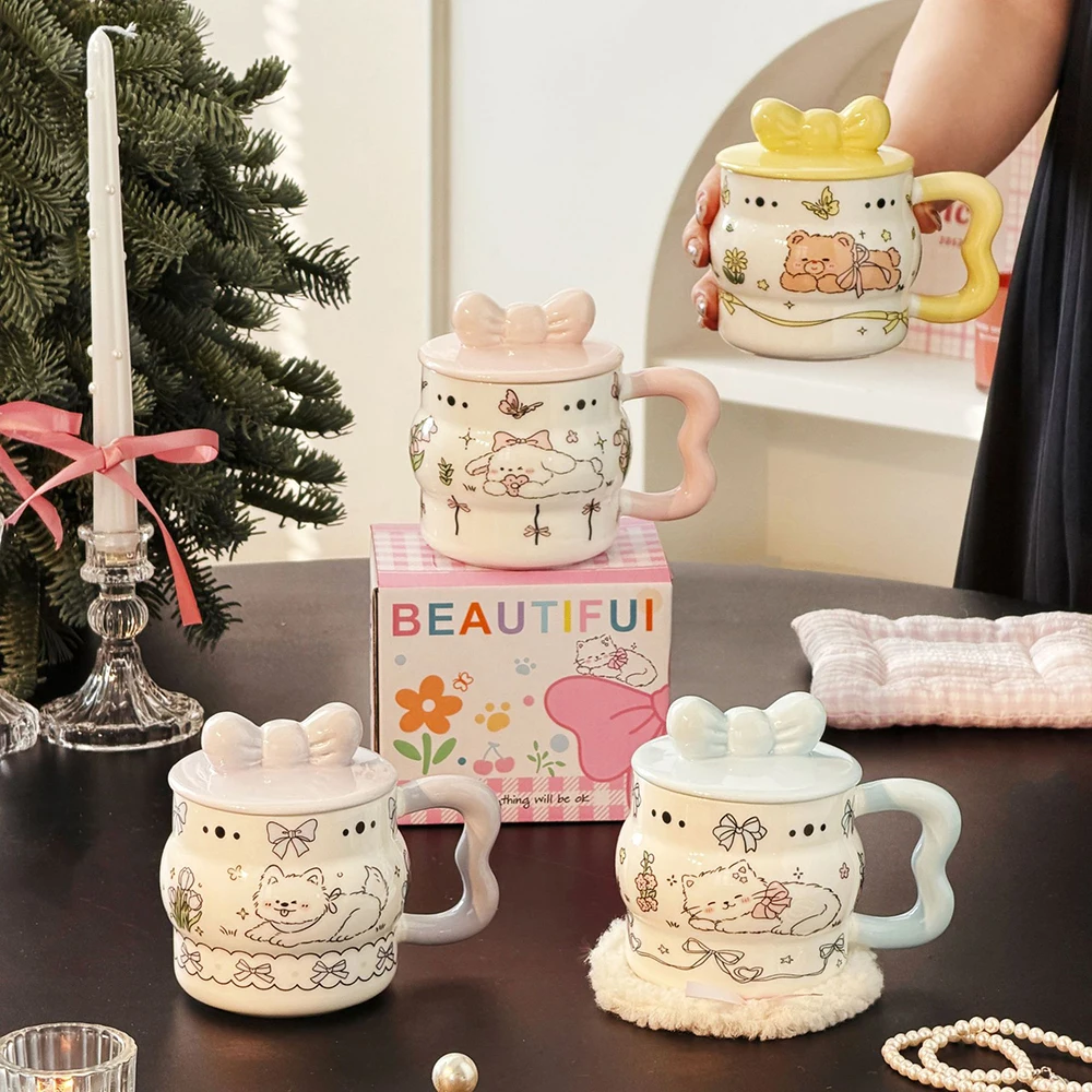 Creative Bow Ceramic Mug Set with Lid Cute Cat Glossy Underglaze Colour Porcelain Cups Kids Water Cup Office Coffee Milk Mugs ﻿