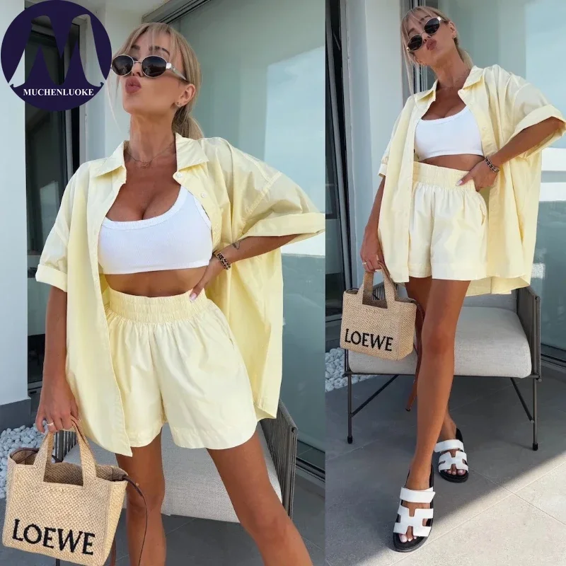 

2 Pieces Set for Woman Summer New Versatile Half Sleeve Beach Vacation Shirt Suits Fashionable Casual Loose Sports Shorts Sets
