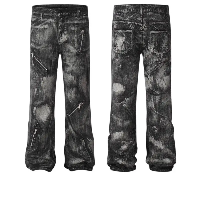 

Heavyweight Washed Zipper Retro Straight Leg Micro Flared Tie Dye Men's Slimming Zipper Jeans Straight leg Loose Casual Pants