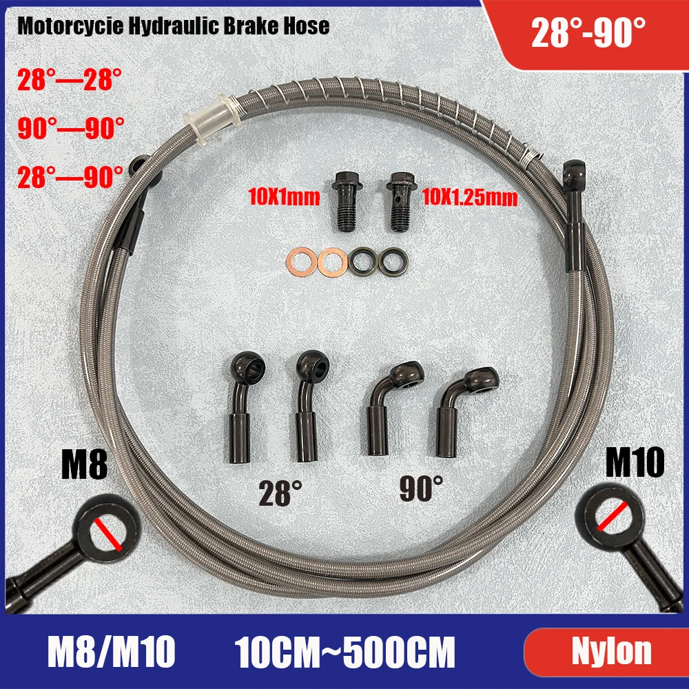 

10cm-500cm M8M10 Nylon Material Silver Motorcycle Hydraulic Brake Hose Motorcycle Universal Racing Brake Clutch Oil Pipe 28 °-90