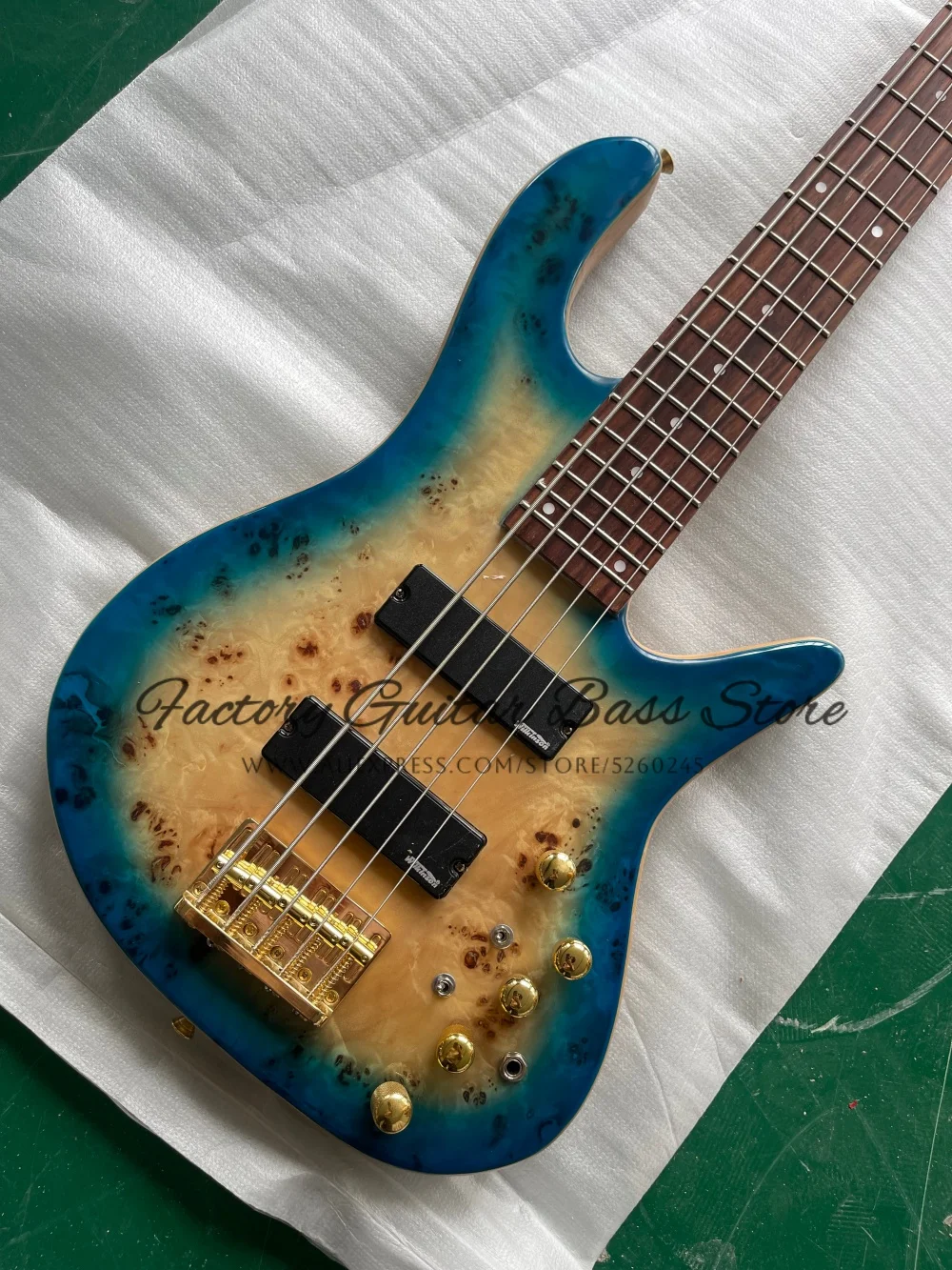 Custom 5 strings blue bass guitar Burl maple top, maple neck through solid wood body, fixed bridge, golden tuners