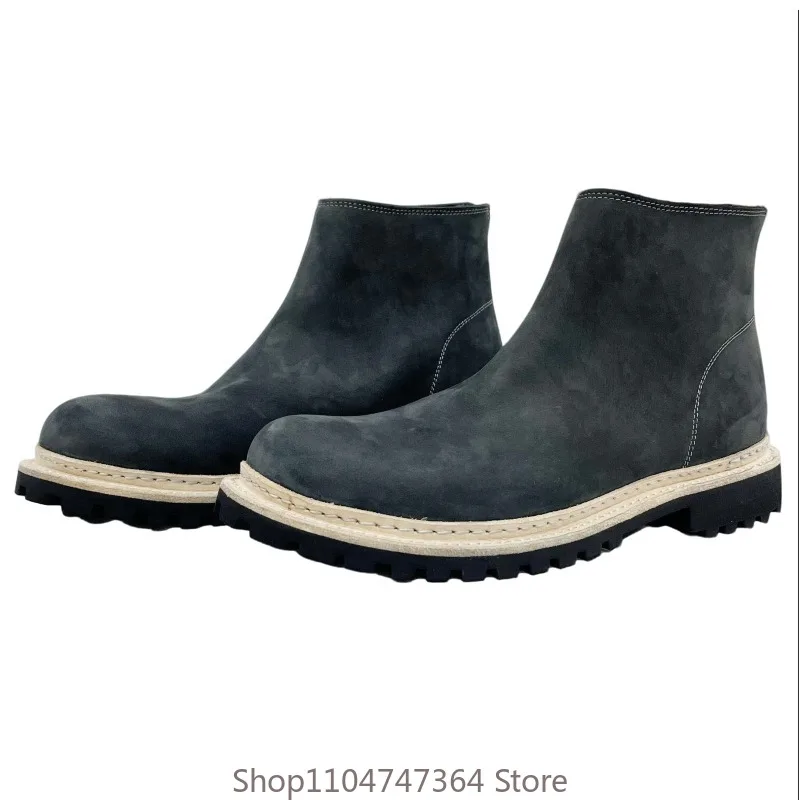 Italian Fashion Casual Cowhide Zip Chelsea Boots Men's Shoes British High Top Outdoor Hiking Ankle Boots Male Wear-resistant