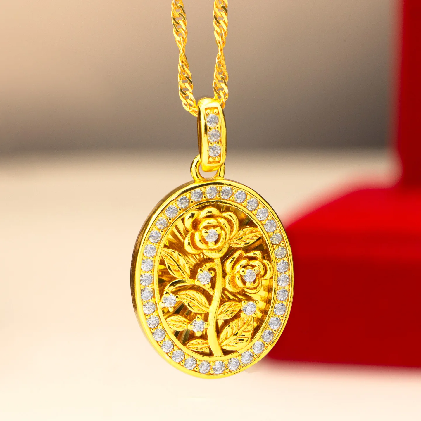 9999 gold full-cut diamond rose flower pendant - women's exclusive design, light luxury necklace pendant