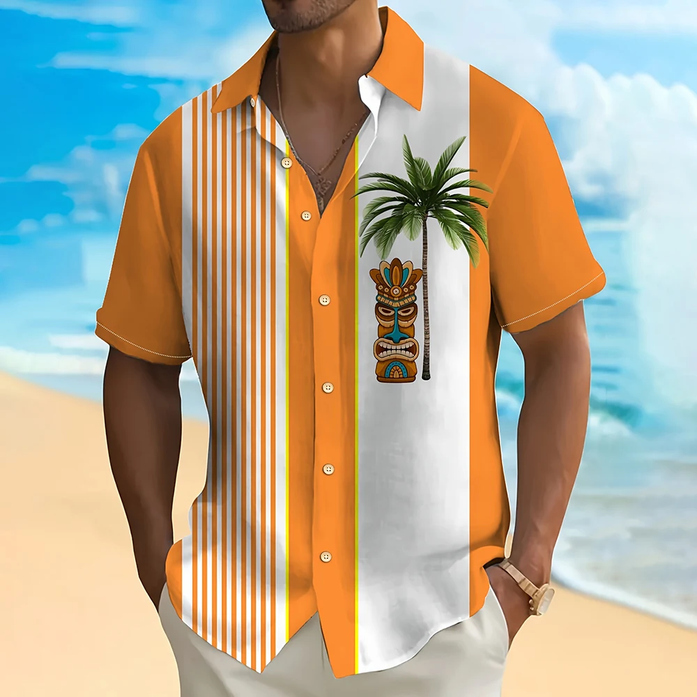 

Men'S Casual Shirt Fashion Striped Coconut Tree Print Short Sleeve Lapel Button Up Top Men'S Plus Size Hawaiian Vacation Shirt