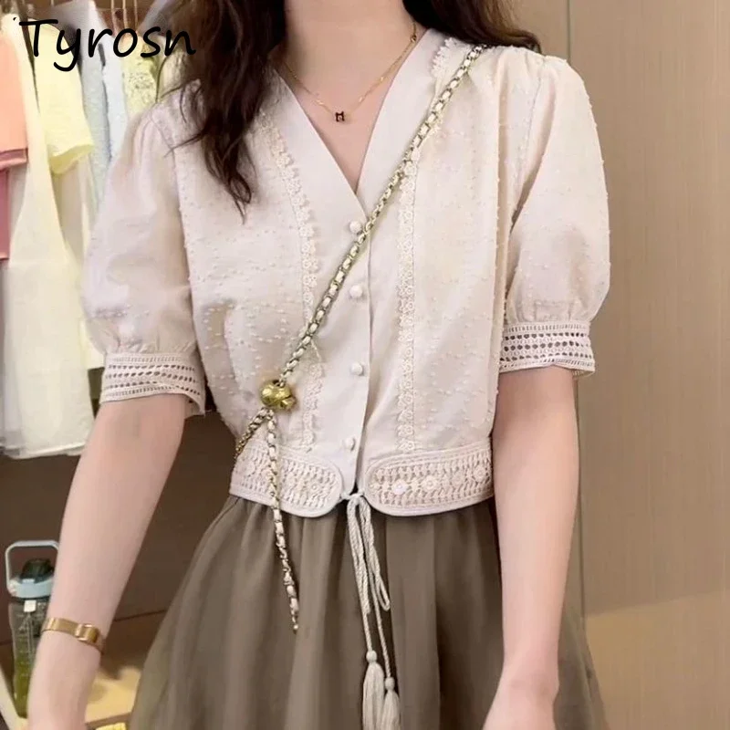 

Shirts Women Design Fashion Hollow Out V-neck Leisure Sweet Simple Tender Korean Style Puff Sleeve All-match Retro Cozy Elegant