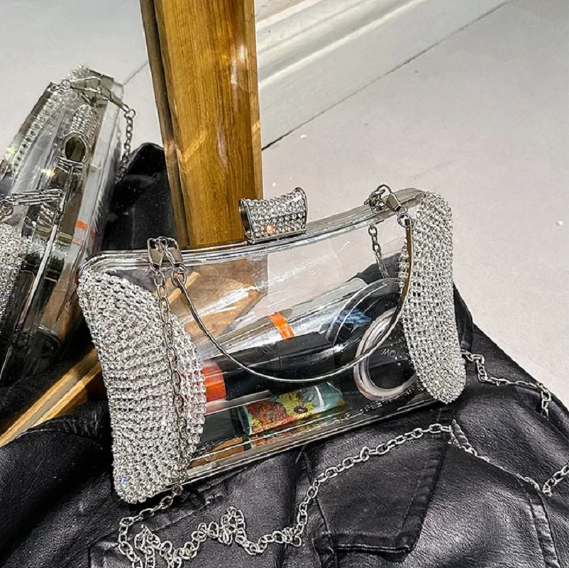 

Прозрачная сумка через плечо из ПВХ со стразами и толстой цепочкой, маленькая женская сумочка и модная пляжная сумка-тоут для лета