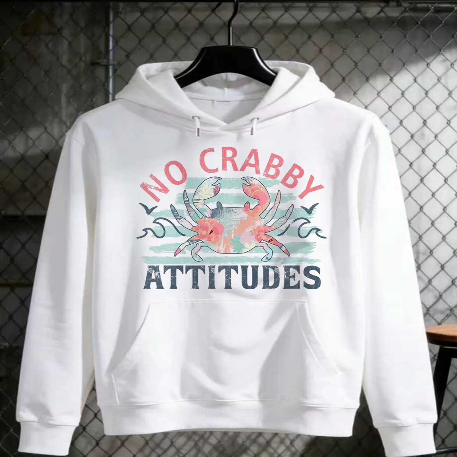 Vintage Style Distressed Text Colorful Crab _ No Crabby Attitudes Pastel Colors Handdrawn Whimsical Motivational Beach Vibes Digital Art Design Street Trending Style Casual Love Lover Hoodie Men' loose fit hoodie, men cotton hoodie,