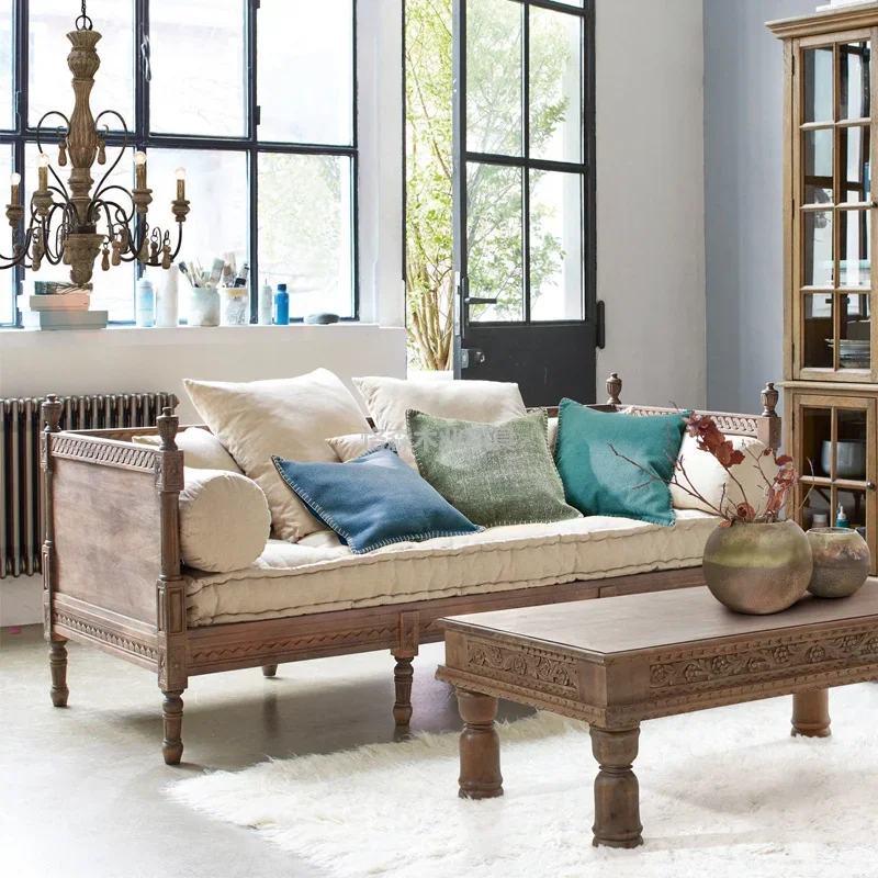

Solid Wood Retro Living Room Three-Seat Sofa Set Single Double Reception Chair