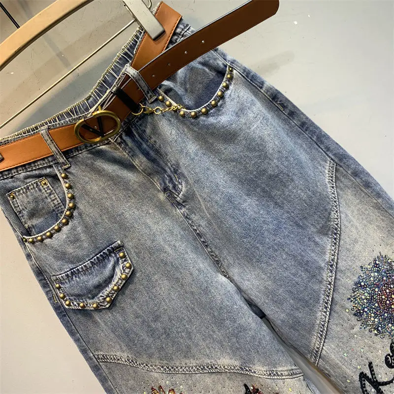 European 2023 Spring Summer New Ladies Printed Diamond Denim Harem Pants Women\'s Fashion Streetwear Elastic Waist Daddy Jeans