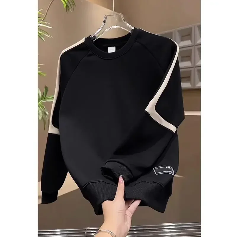 

American Retro Men's Hoodie New Autumn and Winter with Plush Loose Round Neck Long Sleeved Youth Autumn Pullover Top