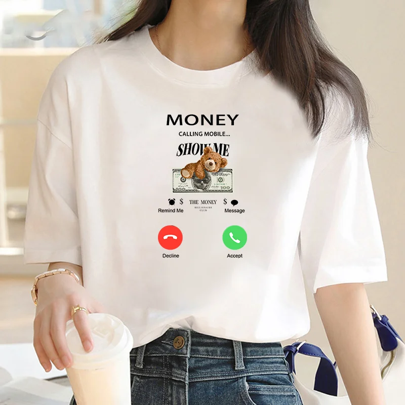 2024 Funny bear money called printed women's T-shirt fashion Y2K round neck Harajuku Kawaii clothing girl blouse gift