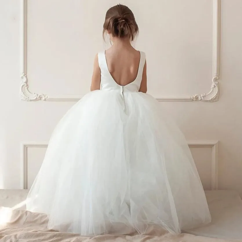 Ivory White Flower Girl Dress for Wedding Layers Tulle Open Back Kid Party Pageant Gown First Communion Dresses