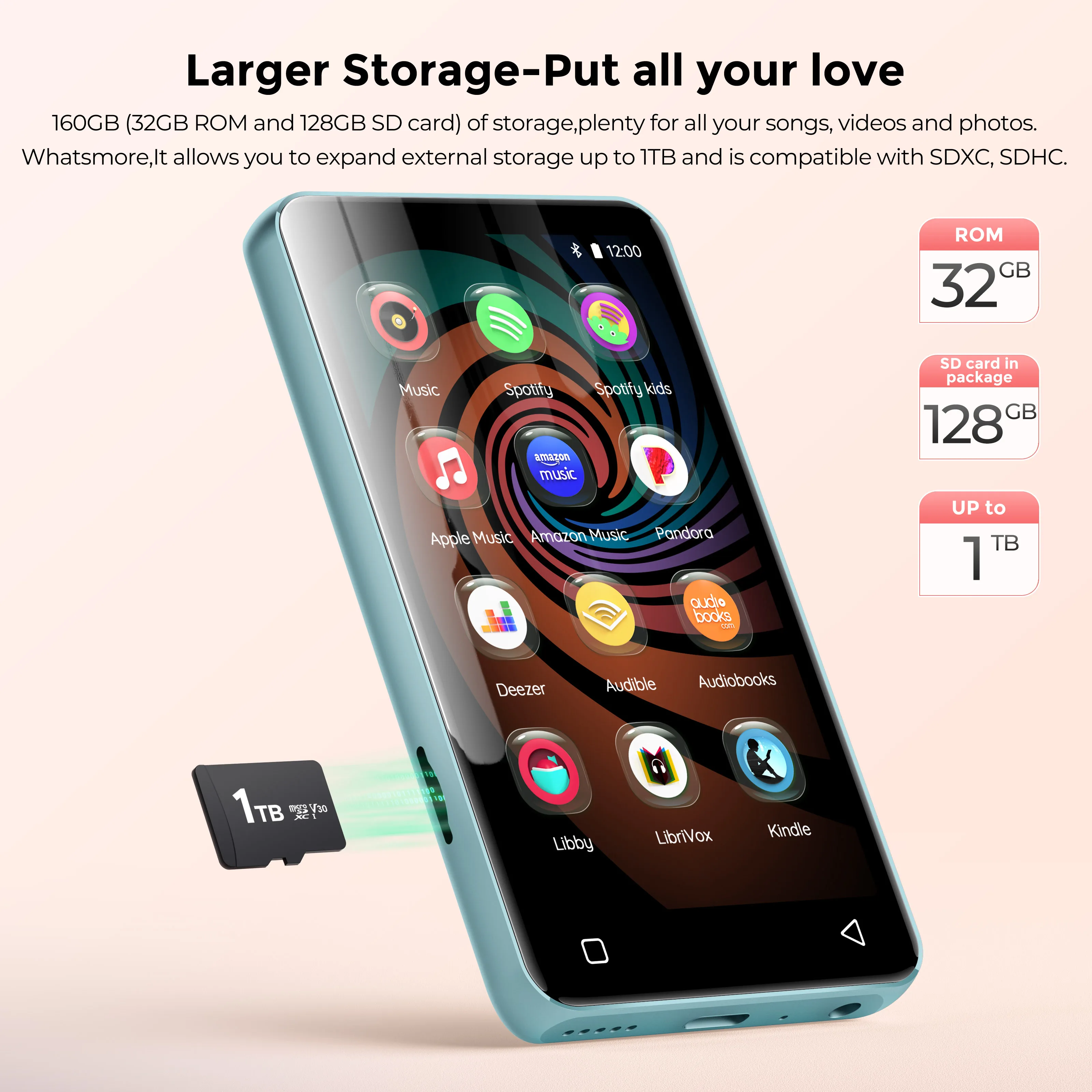 

Android MP3 Player,Preloaded Spotify & Audible | 160GB+1TB Expandable | Full Touchscreen | Parental Control | Dual-Band WiFi/BT