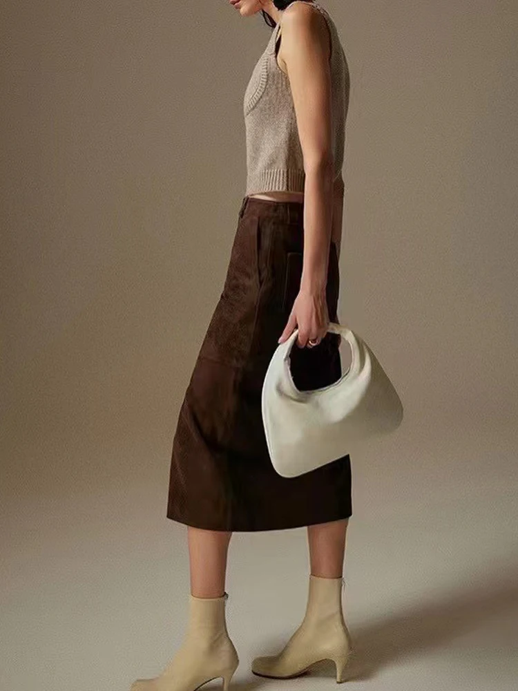 

Retro Imported High Grade Suede Leather Skirt For Women Winter New Old Money Upgraded Suede Jupe Front Split Waist Loop Faldas