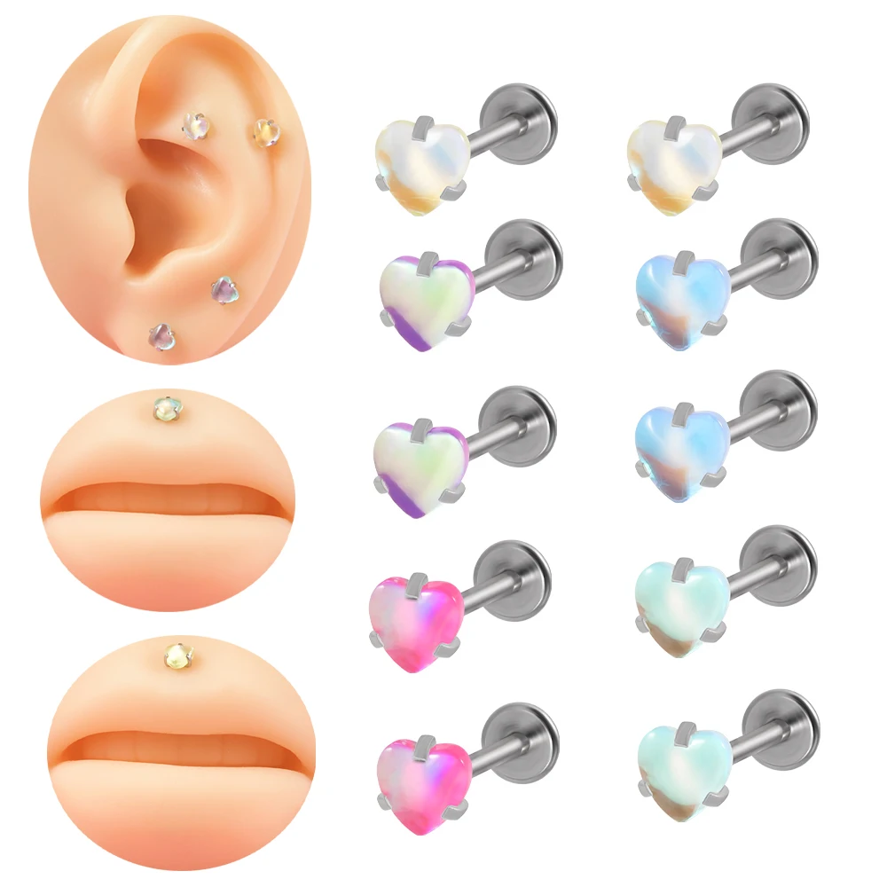 1PC Stainless Steel Heart Labret Lip Piercing Jewelry Internal Thread Tragus Helix Cartilage Lobe Earrings 16G Piercing Jewelry