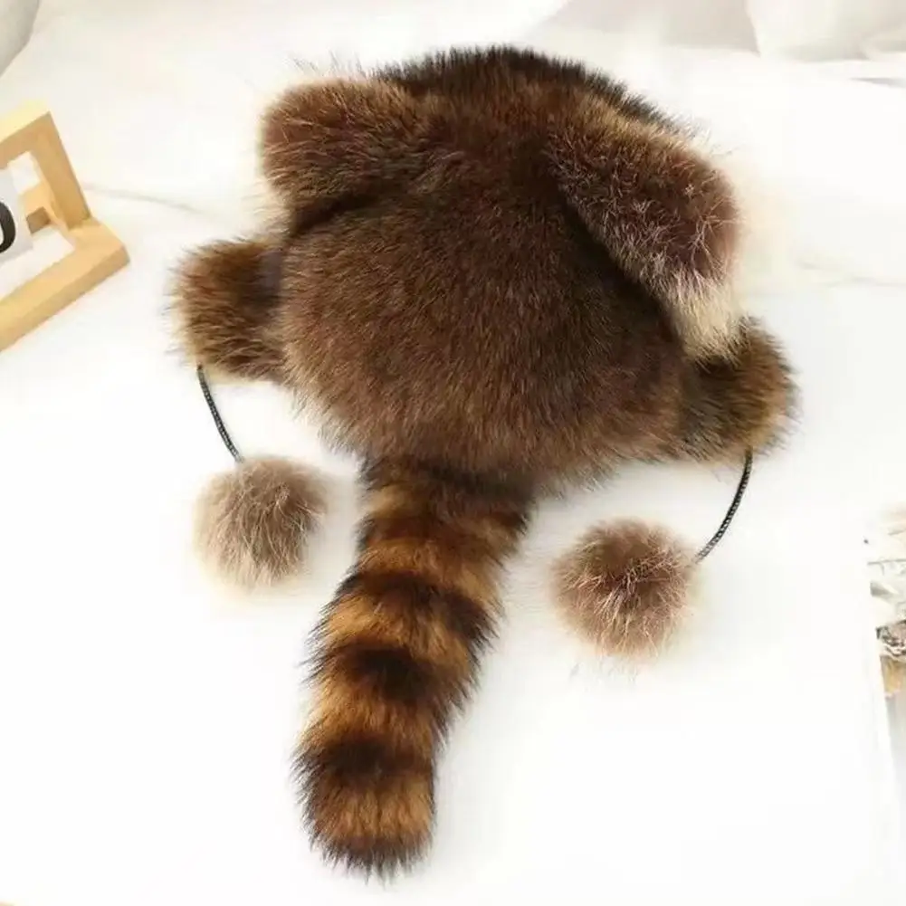 New Raccoon Fur Hat With Tail Women Winter Thick Warm Ushanka Bomber Hat Fashion Outdoor Pom Pom Earflap Cap
