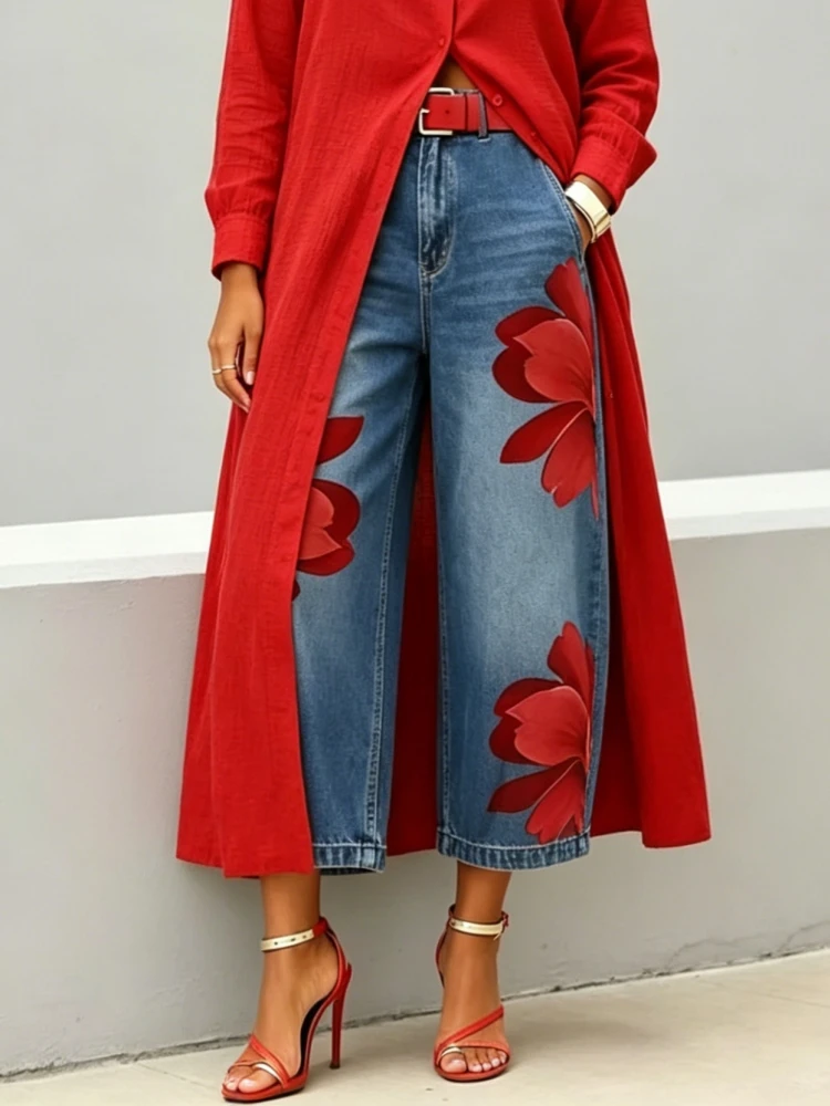 Women's Casual Floral Print Loose Jeans Fashion High Waist Cropped Wide Leg Denim Pants Chic New Daily Street Plus Size Trousers