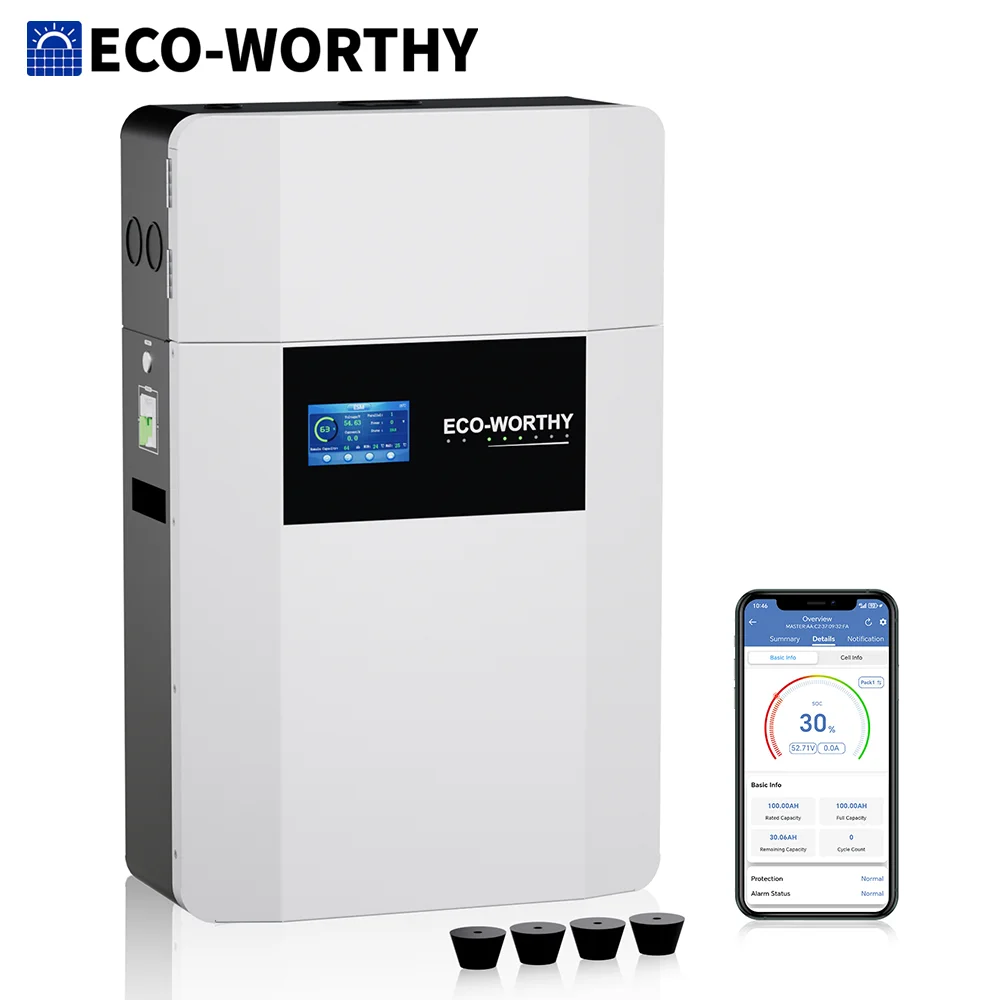 

Литиевая батарея LiFePO4 ECO-WORTHY 48V 100Ah для настенного монтажа внутри помещений с кабельным коробом для автономных систем и резервного питания дома.