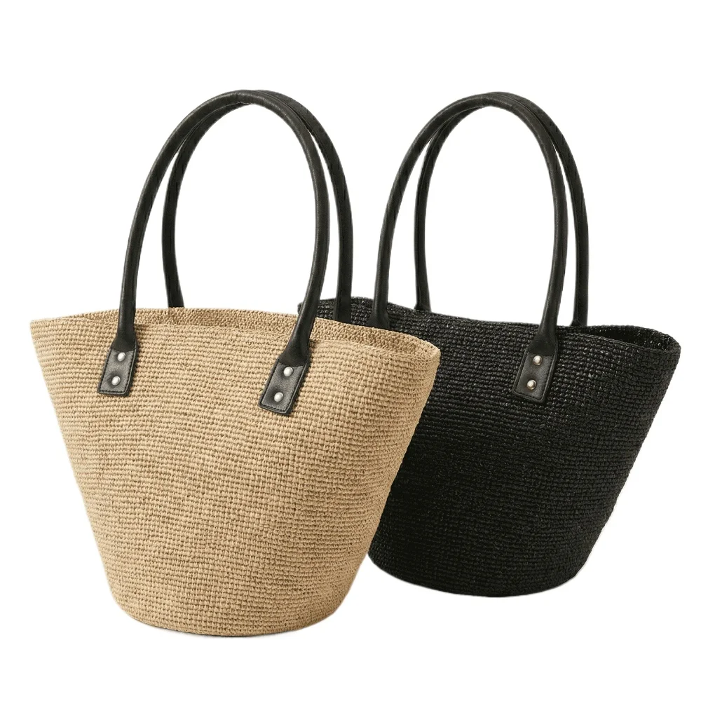 Women Raffia Woven Tote Bag Japanese Style Summer Beach Vacation Handbag Large Capacity Shoulder Bag Travel Straw Purse