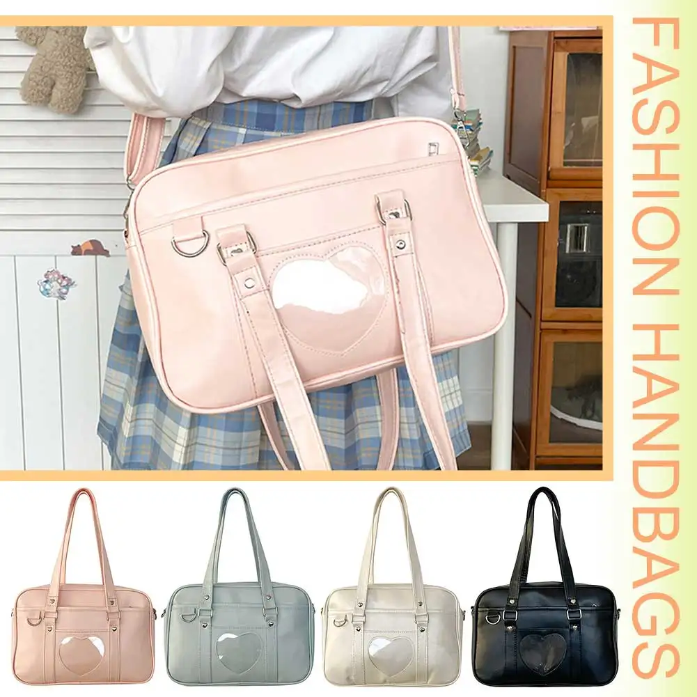 Women Girls Cosplay Satchels Transparent Love Heart PU Jk School Handbag Adjustable Strap Japanese School Bag Chic Commuting Bag