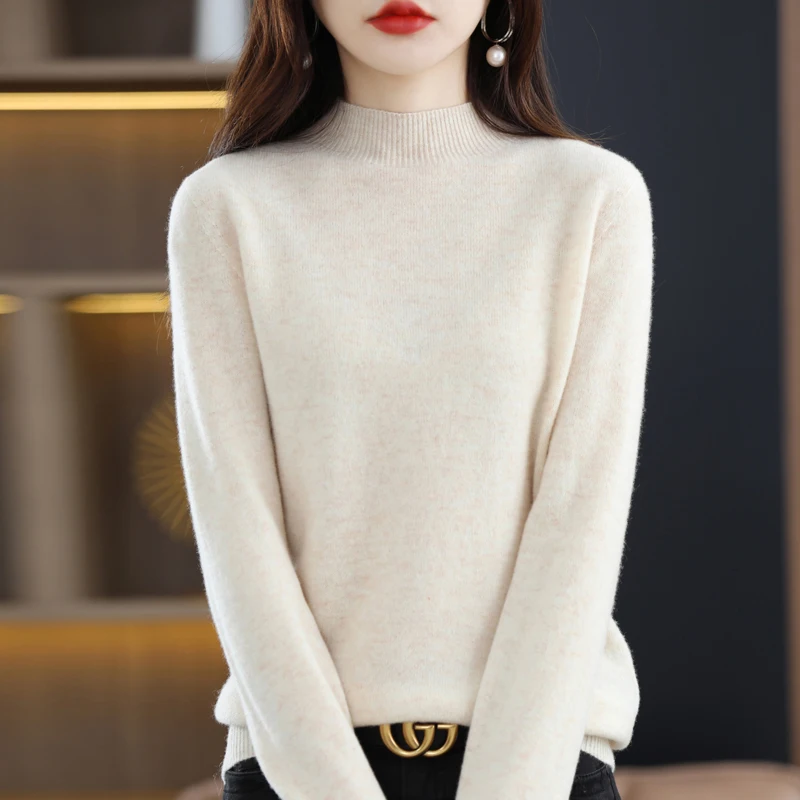 100% Merino pure wool sweater ladies autumn and winter new semi-turtleneck knitted long-sleeved solid color warm sweater
