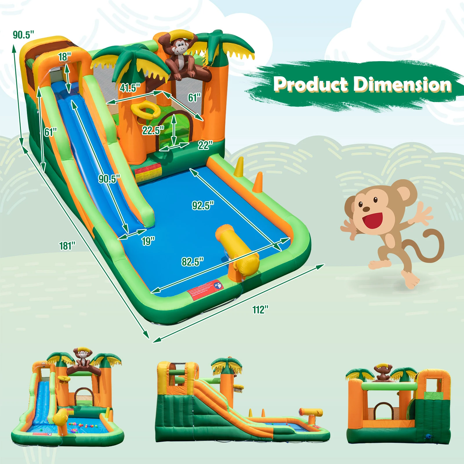 Inflatable Water Slide Park Monkey Bounce House Splash Pool with 680W Blower