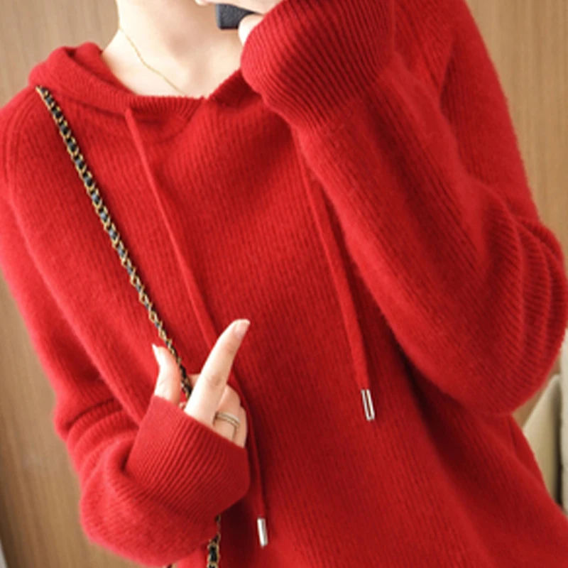 Winter Women\'s Knitted Cashmere Pullover Fashion Wool Sweater Hooded Neck Long Sleeve plane Soft&warm high-quality Basics Tops