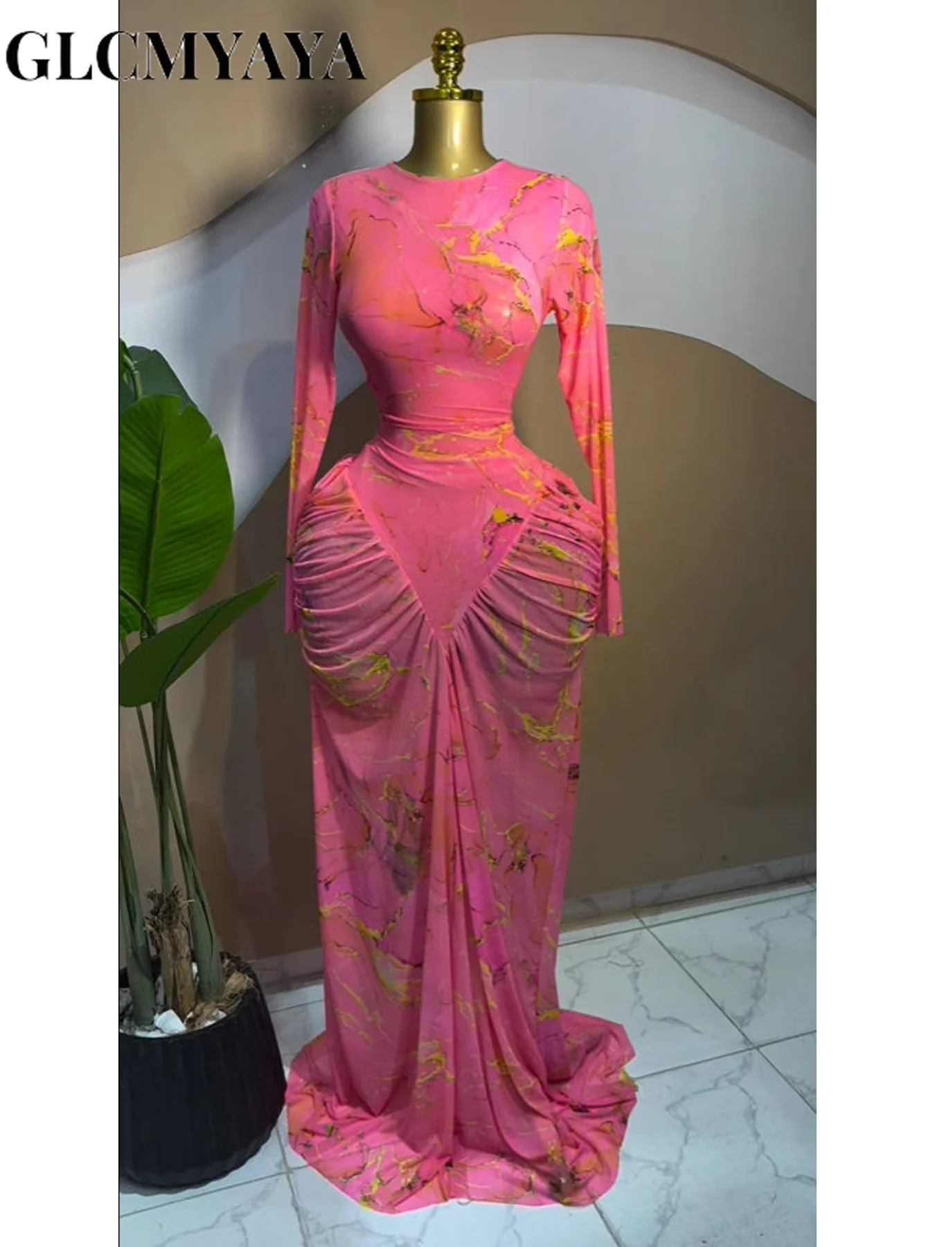 CM.YAYA المرأة التعادل صبغ مطبوعة مكدسة Ruched كم طويل ميدي Bodycon ماكسي فستان طويل حفلة عيد ميلاد التعليم فساتين عصرية #1