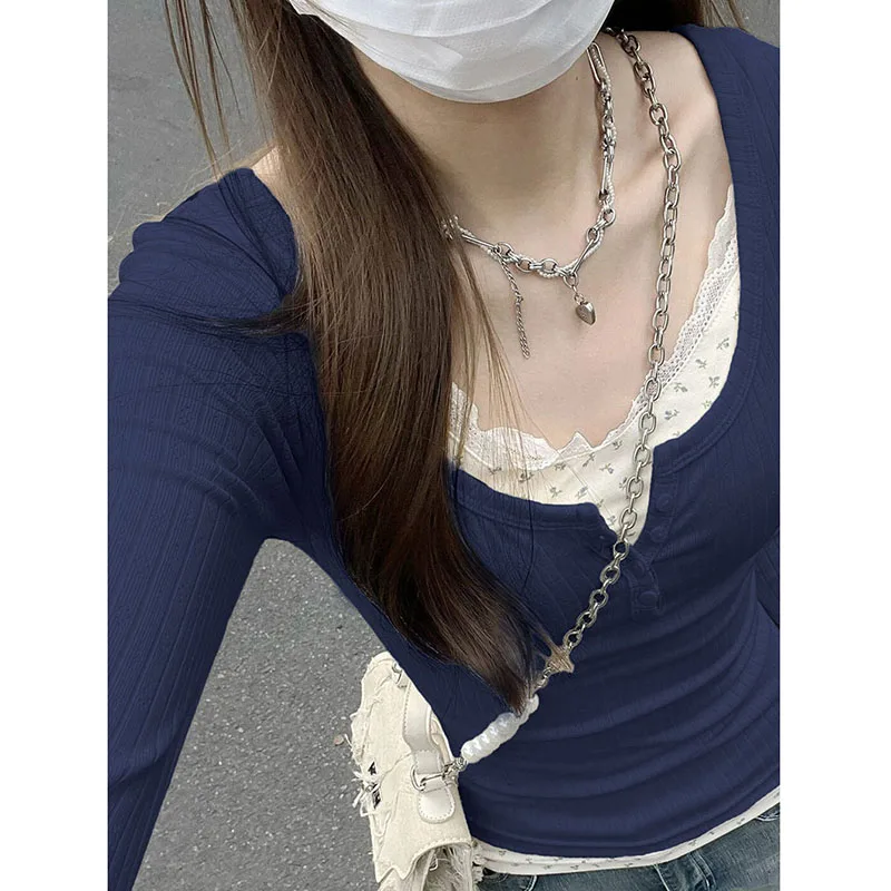 Mulheres streetwear falso duas peças camiseta y2k estética grunge retalhos rendas camisetas femininas outono inverno magro bottoming topos