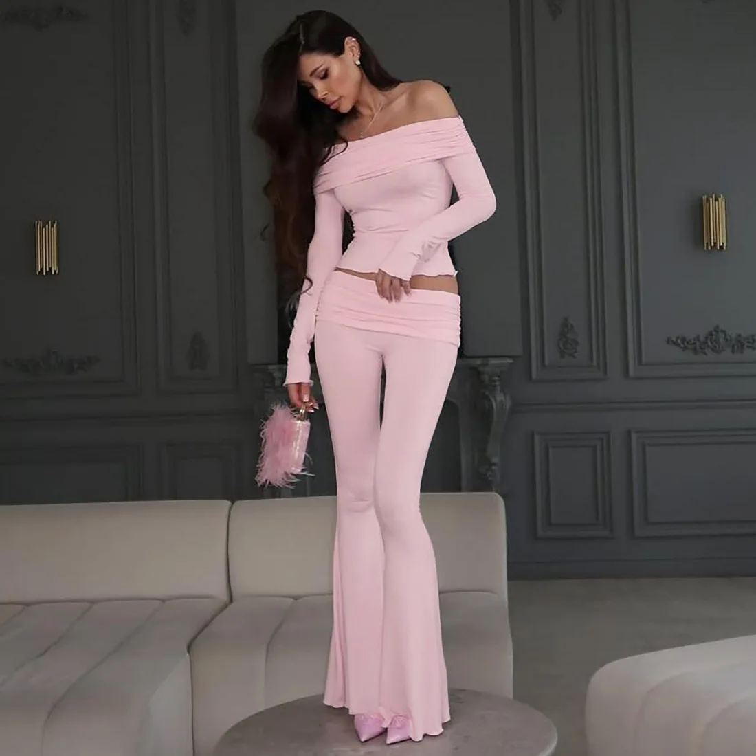 

Брюки-клеш Apprabant, комплект из 2 предметов, женский укороченный топ с открытыми плечами и длинными рукавами, однотонный тонкий повседневный наряд, уличная одежда