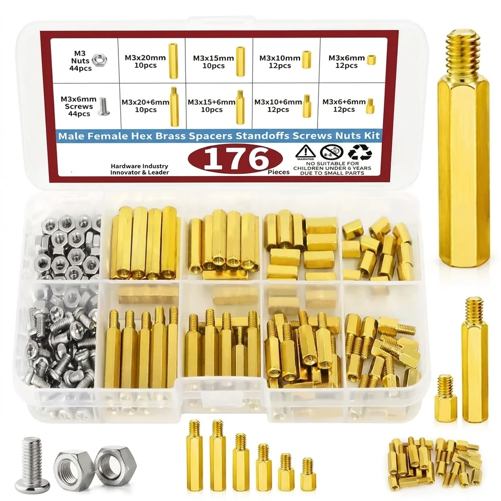 176pcs M3 Motherboard Standoffs And Screws Kit Hex Male-Female Brass Spacer Standoffs Laptop Construction Kit