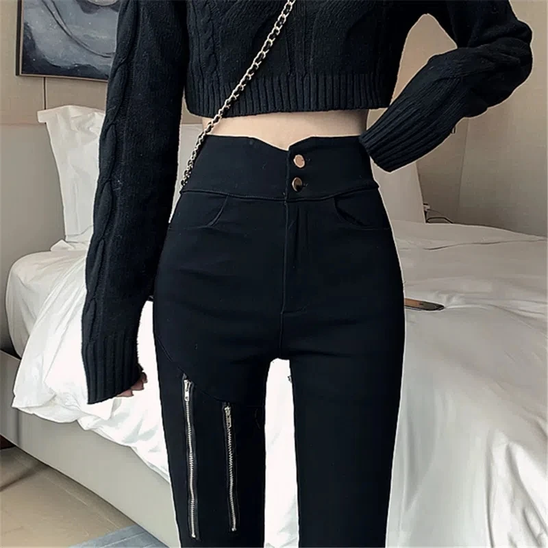 Women Pants Korean Style Spring Winter Woman Stretch Pants Fashion Zippers Lady Casual Slim Thin Straight Trousers Long Pants