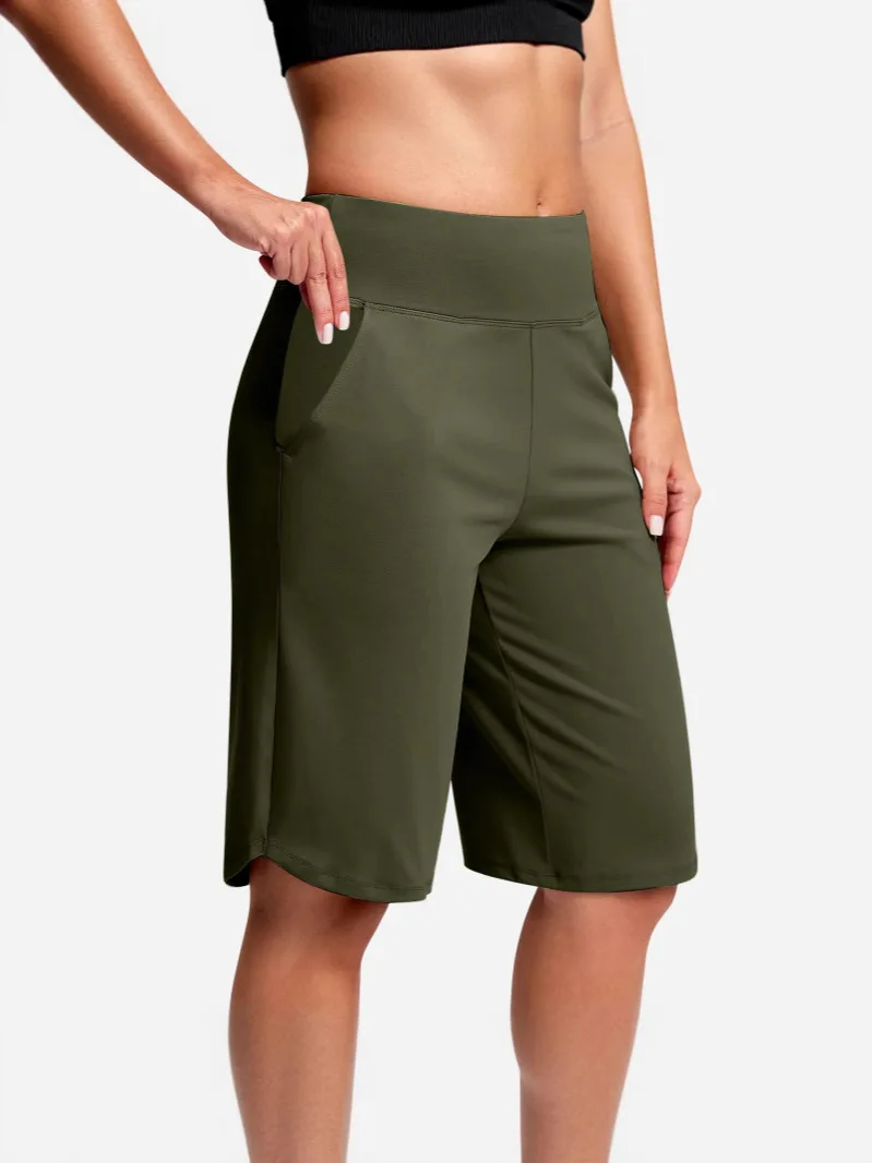 Athletic Running Shorts Fitness Yoga Pants Five-Quarter Length Straight Leg Solid Color Pocket Elastic Workout Gym with Pockets