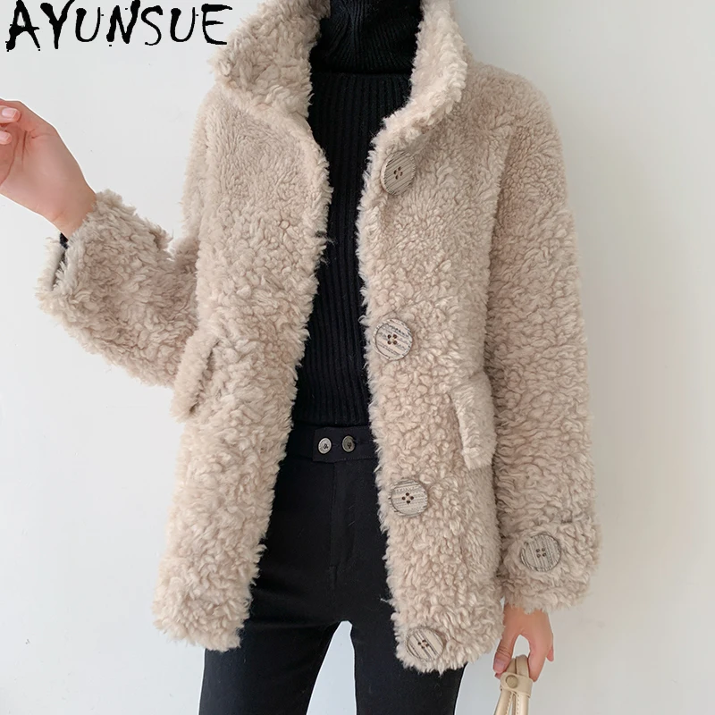 سترات نسائية من الصوف الطبيعي 100% من AYUNSUE سترات عصرية للخريف والشتاء للنساء ملابس قصيرة من فرو الضأن Abrigo Mujer