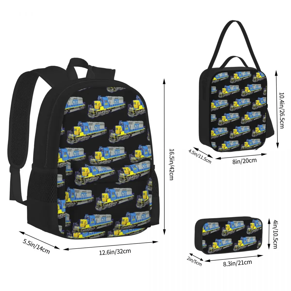 Freight Train CSX Engine Backpacks Boys Girls Bookbag School Bags Rucksack Lunch Bag Pen Bag Three-Piece Set