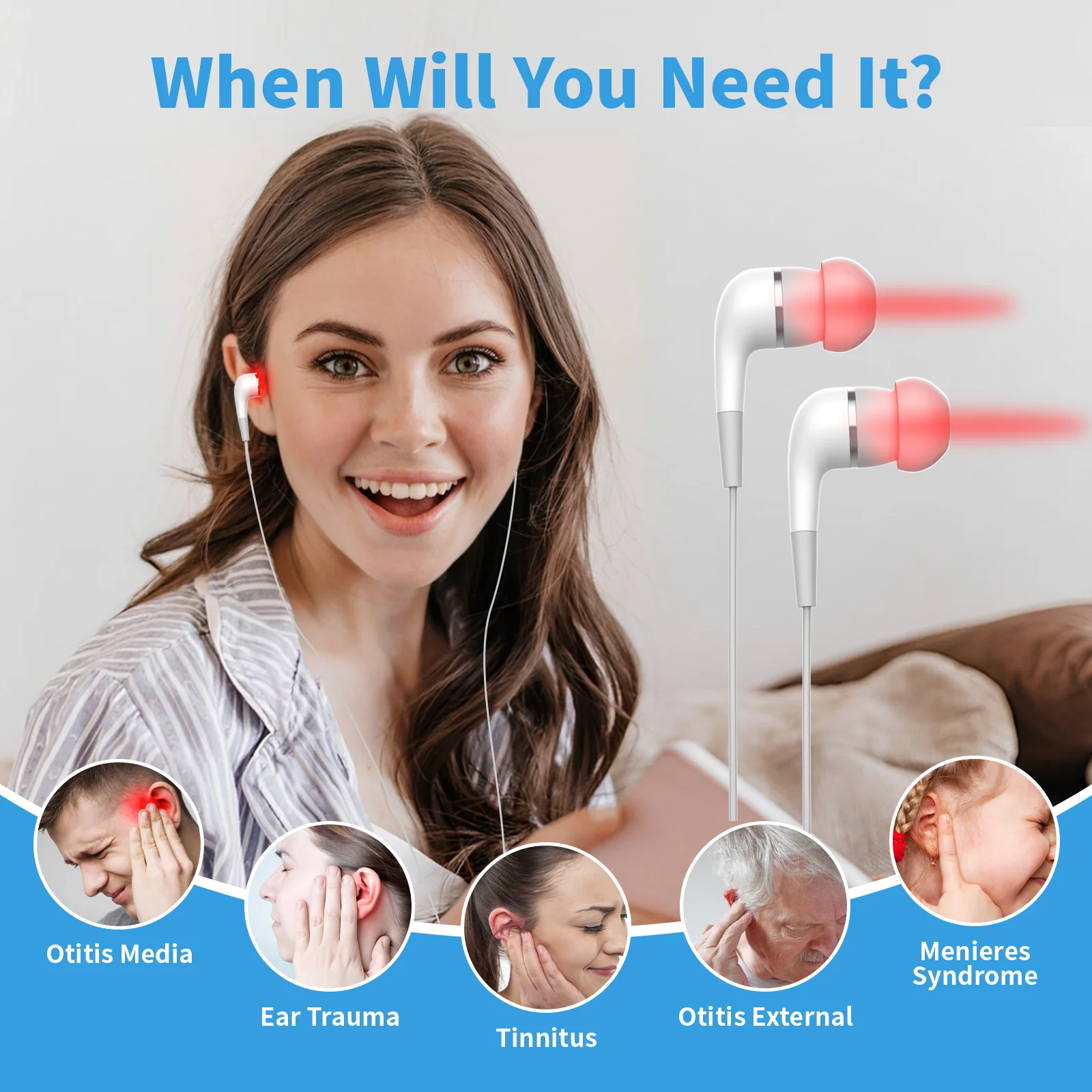 Tinnitus Ear Laser Therapy Device 650nm Red Light Earplug 5 Levels Otitis Media Deafness LLLT Irradiator Treatment for Rhombic