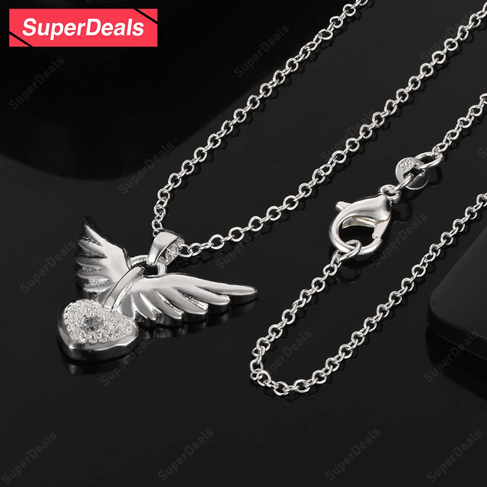 

Superdeals 925 Sterling Silver Zircon Heart Angel Wings Pendant Necklace Women Fashion Party Birthday Nice High Quality Jewelry