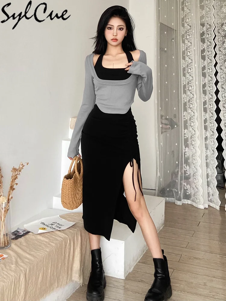 Sylcue Simple Casual Solid Color Thin Loose Top With Tight Sexy Mature Halter Long Dress Women's Knitted Two-piece Set