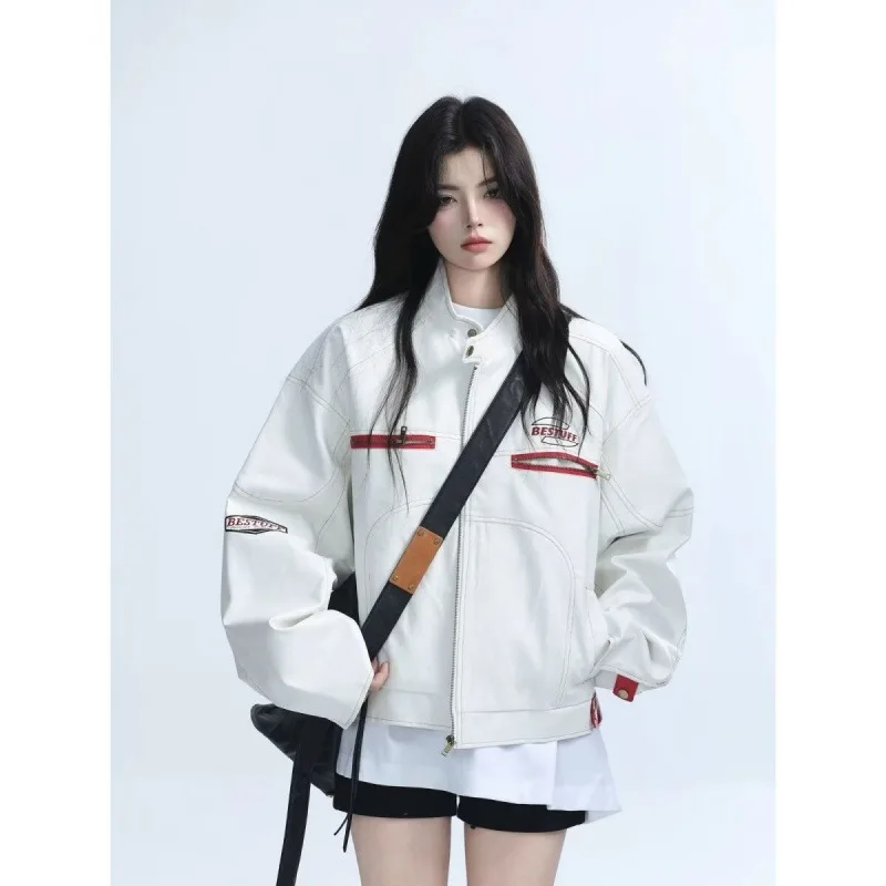 

Куртка унисекс, осень 2024, мотокуртка из искусственной кожи, женская острая ниша Y2K, пальто-бомбер большого размера, эффектное байкерское пальто