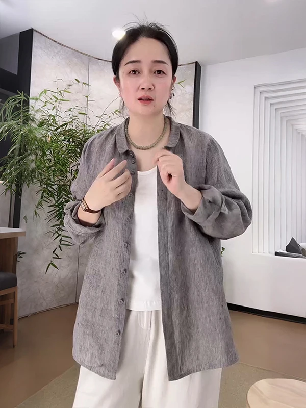 

Элегантная льняная рубашка-жакет женская с длинным рукавом, в полоску, повседневный стиль, свободный крой, весна 2026, модная верхняя одежда FSY60169