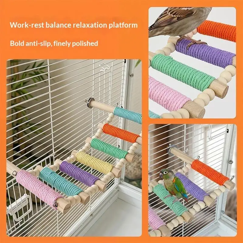 Interactive Parrot Climbing Ladder Colorful Wooden Rope Wrapped Bird Toy for Small Medium Parrot Cage Play Training 1Pcs