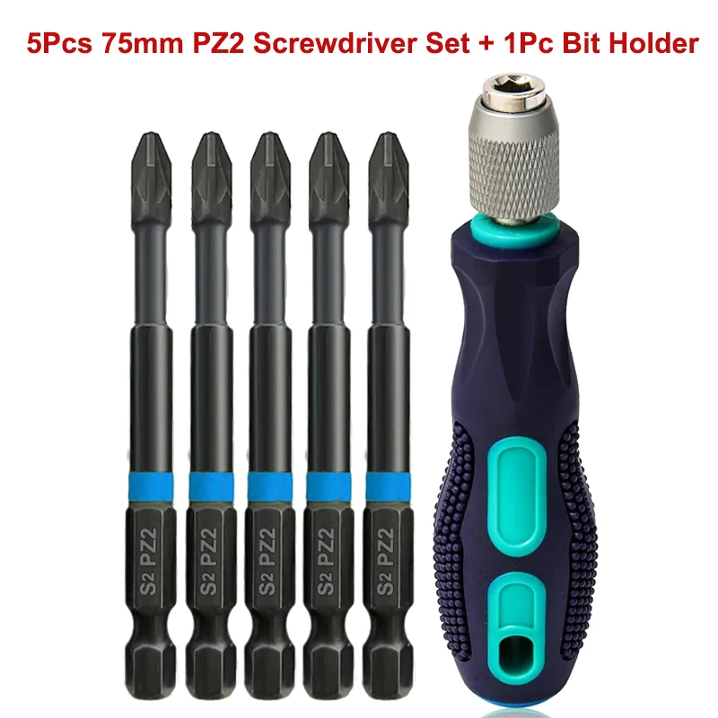 

6Pcs PZ2 Screwdriver Bit with Bit Holder 75mm Pozidriv Screwdriver Set 1/4 Inch Hex Shank Magnetic Impact Driver Bit