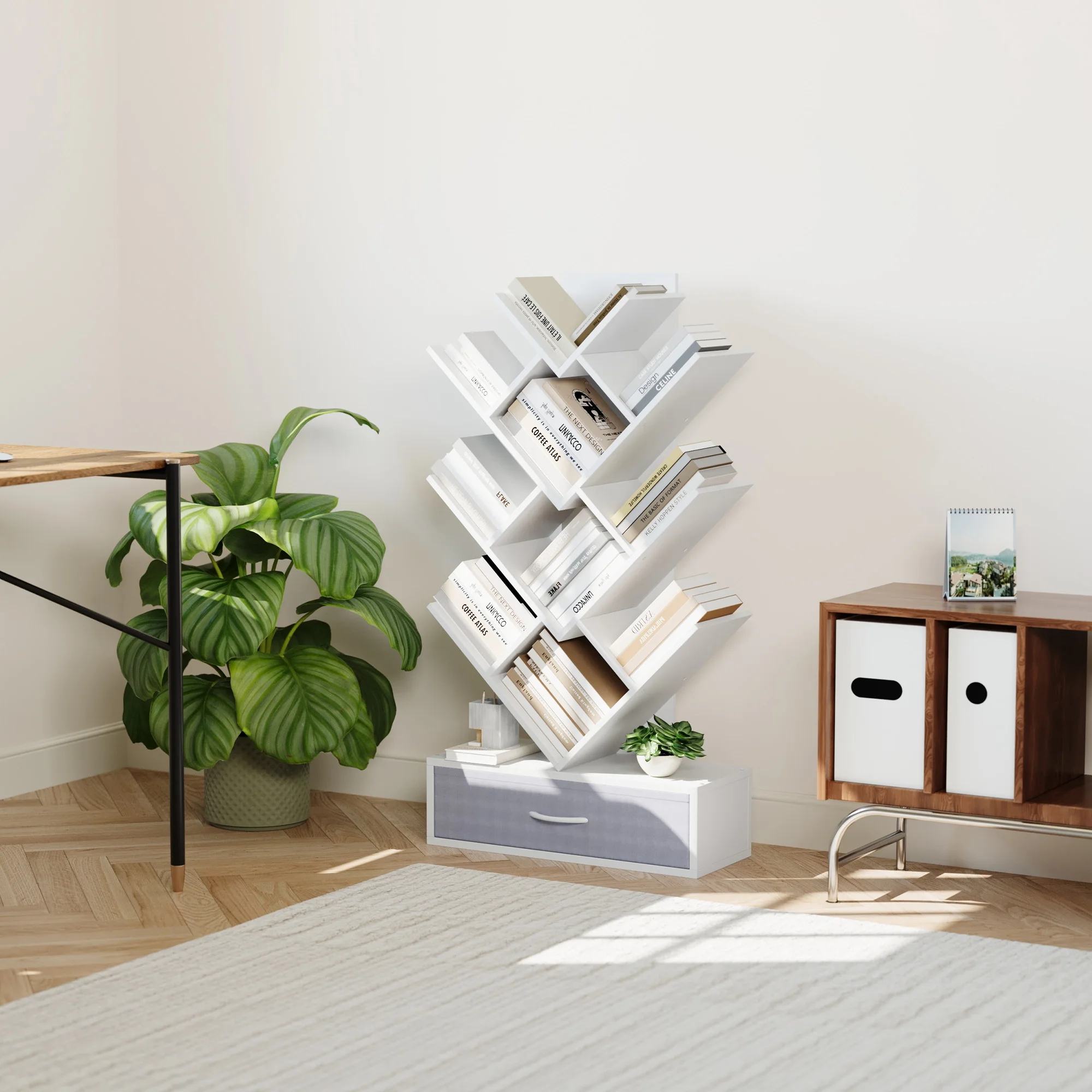 Foldable fabric storage drawer at base of tree bookshelf