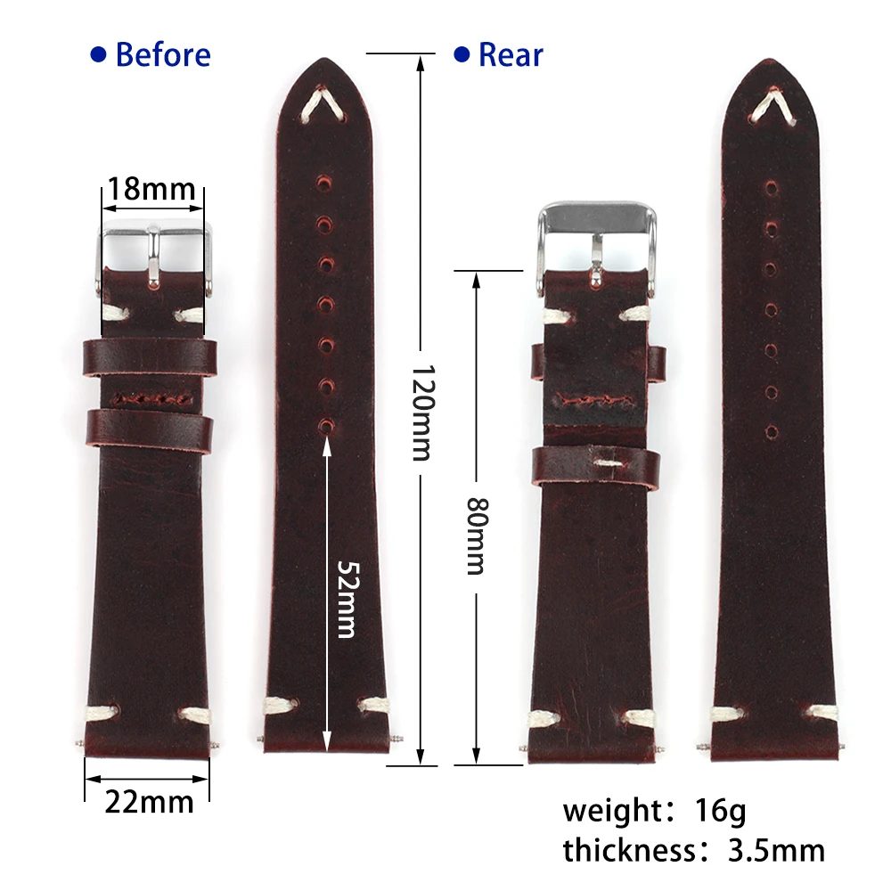 Genuine Leather Handmade Watchband 22mm Stainless Steel Buckle First Layer Cowhide Bracelet Band Watch Strap